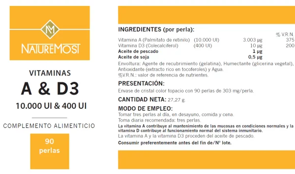 Vitaminas A y D3 10000 y 400 U.I 250 perlas - Imagen 2