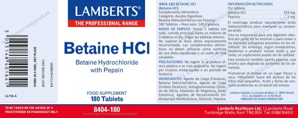 Betaína HCL 324mg y Pepsina 5mg 180 tabletas - Imagen 2