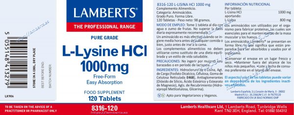 L-Lisina HCL 1000mg 120 tabletas - Imagen 2